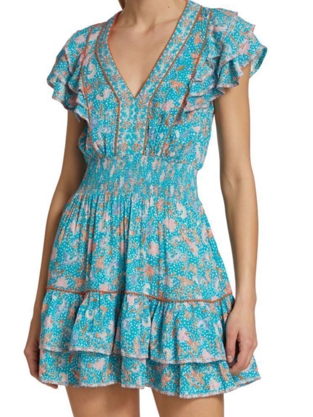 NWT Poupette St. Barth Camila Floral Duck Green Canary Ruffled Mini Dress Small